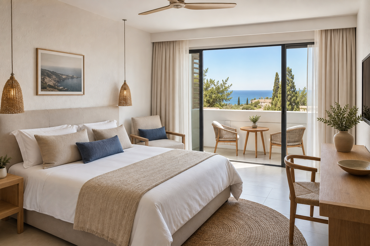 Lyst hotellrom med balkong på Kypros