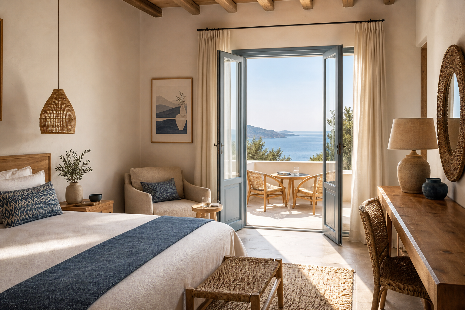 Lyst gresk hotellrom med balkong