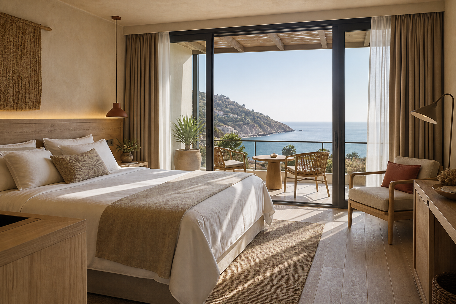 Moderne hotellrom med balkong og havutsikt i Spania