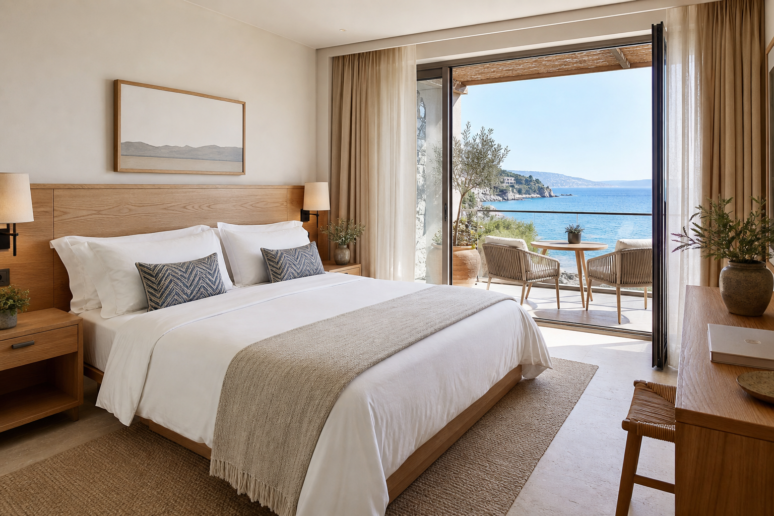 Moderne hotellrom med balkong ved Middelhavet